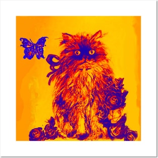 YELLOW CAT KITTEN ,BUTTERFLY AND BLUE ROSES Orange Purple Posters and Art